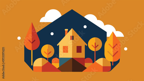Vector art of geometric house in autumn landscape, a modern and minimalist illustration of a home surrounded by trees and hills in fall colors