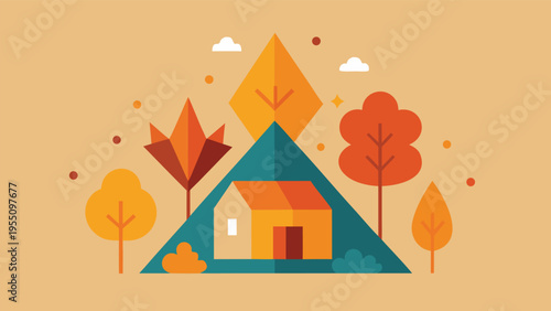 Vector art of a cozy autumn scene featuring a house nestled among colorful trees, creating a warm and inviting fall landscape illustration