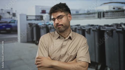 Fotografi Man crosses his arms in a visible gesture on an urban street lined with large recycling containers; rejection
