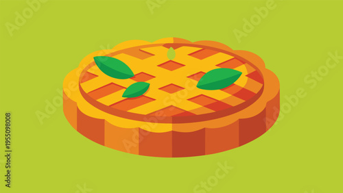 Vector art of isometric apple pie illustration with green leaves on a green background, perfect for thanksgiving and fall season designs