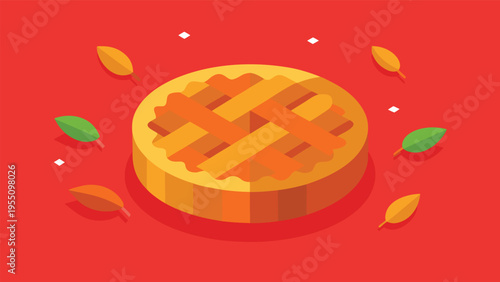 Vector art of isometric apple pie illustration with autumn leaves on a red background, perfect for thanksgiving and fall season designs
