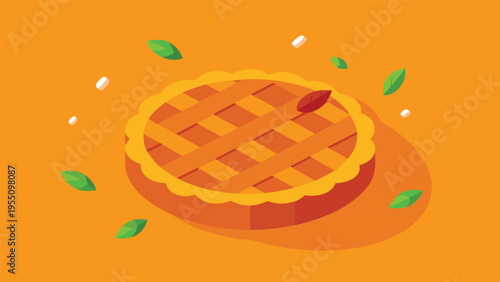 Vector art of isometric apple pie illustration with autumn leaves on a orange background, perfect for thanksgiving and fall season designs