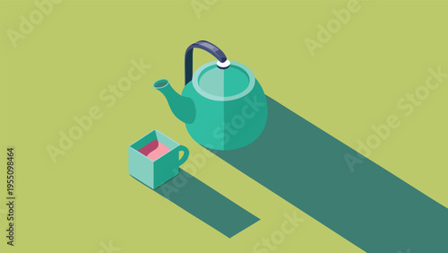 Vector art of isometric illustration of a green teapot and a cup with long shadows on a light green background, creating a minimalist design
