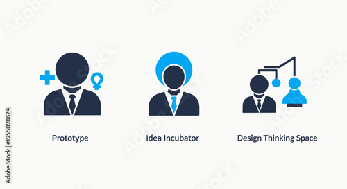 Business concept icons: prototype, idea incubator, and design thinking for innovation and creative development