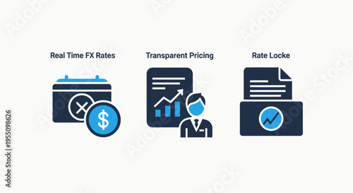 Finance icons: real-time fx rates, transparent pricing, and raw data for trading and financial services