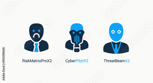 Cybersecurity threat icons: sad face for risk, gas mask for protection, and masked figure for threat actor
