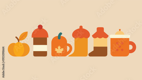 Vector art of a collection of autumn drinks and pumpkin spice latte icons in flat design style on a beige background for fall designs