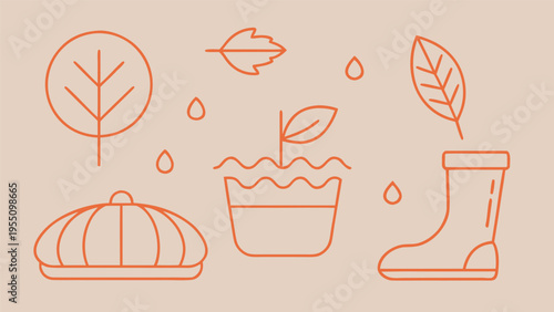 Vector art of autumn gardening icons with leaves, plant, pumpkin, and boot in line art style on a beige background for seasonal designs