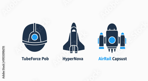 Futuristic spacecraft and rocket icons representing innovation and space exploration technology with sci fi