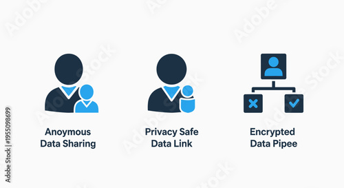 Privacy and data security icons: anonymous sharing, safe data links, and encrypted data pipes illustrating secure digital information exchange