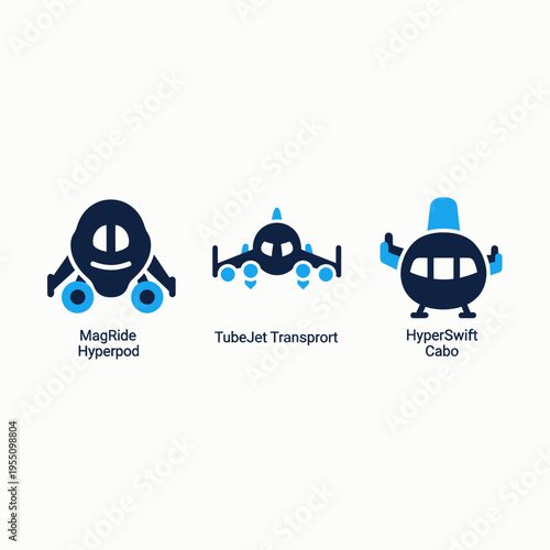 Futuristic transportation icons set with negative hyperpod, tubelet transport, and hybrisoft cabin for modern mobility concepts