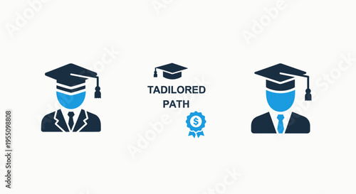 Graduation cap, graduate students, and tailored education path icons for academic achievement and learning development