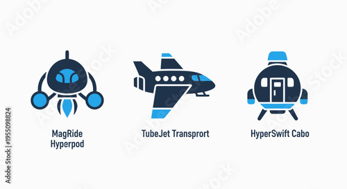 Futuristic transportation icons set with negative hyperpod, tubojet transport, and hypersoft cabin for modern mobility concepts