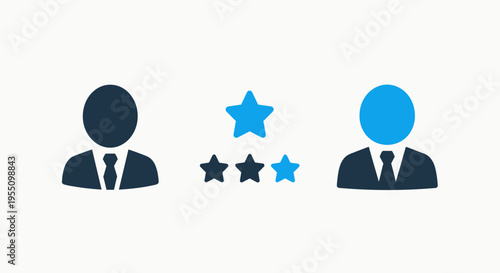 Customer service and review icons: user profiles and star ratings for feedback and quality assessment with dark blue