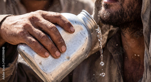 Refugees: a weathered hand holds a metal flask from which water pours in streams and drops