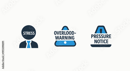 Business workplace stress, overload warning, and pressure notice icon set for mental health and productivity management, well being