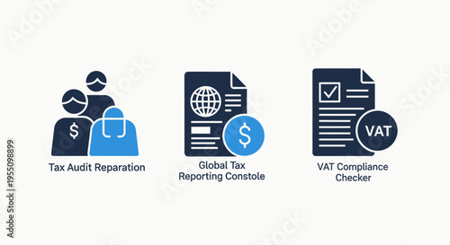 Tax and accounting service icons: audit preparation, global reporting, and vat compliance for business finance