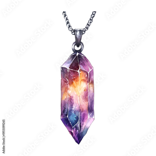 Watercolor mystical galaxy crystal pendant necklace isolated on white