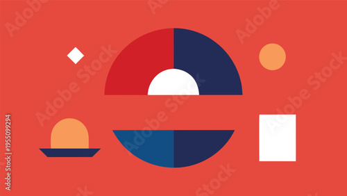 Vector art of a modern geometric composition with circle, semicircle, square, and triangle shapes on a red background