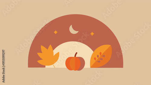 Vector art of autumnal scene with pumpkin, leaves, moon and stars in warm colors, perfect for fallthemed designs and cozy seasonal projects