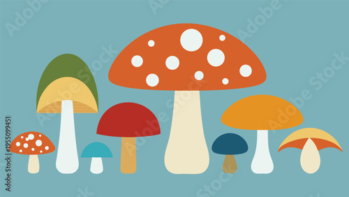 Vector art of colorful mushroom collection on a blue background, including fly agaric, chanterelle, and other types of edible and poisonous fungi