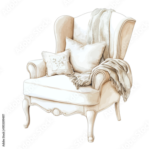 Watercolor vintage cream armchair with pillows and fringed throw blanket