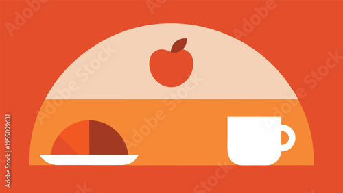 Vector art of a delightful illustration of a healthy breakfast with an apple, a plate of food, and a cup of coffee on a vibrant orange backdrop