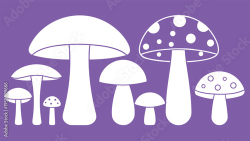 Vector art of a charming collection of white mushrooms in various shapes and sizes against a vibrant purple background, a whimsical vector art