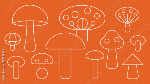 Vector art of a charming assortment of outlined mushrooms in various shapes and sizes against a vibrant orange backdrop, a whimsical vector art