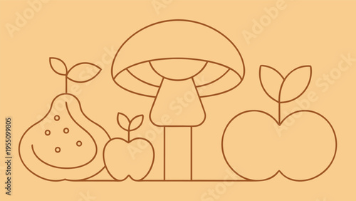 Illustration of a pear, mushroom, and apple, a simple and charming design for natureinspired themes and healthy eating concepts