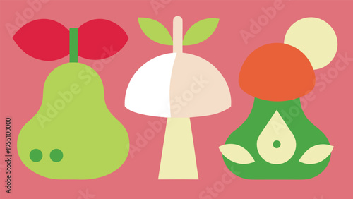 Vector art of stylized pear, mushroom, and toadstool on a pink background, perfect for a whimsical and playful design project