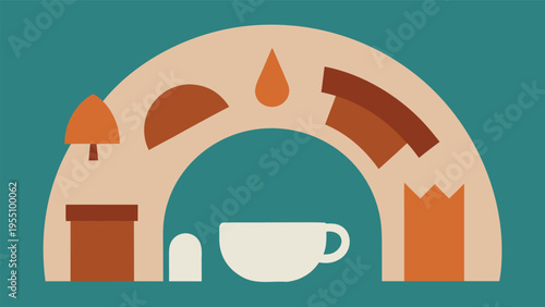 Vector art of a cozy autumn scene with a rainbow arch of seasonal elements, perfect for coffee lovers and fall vibes