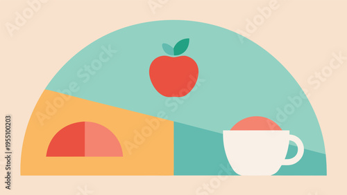 Vector art of a simple illustration showcasing a red apple, a cup of coffee, and a halfcircle pastry, all set against a soft, pastel background
