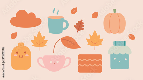 Vector art of a delightful autumnthemed illustration featuring pumpkins, leaves, and cups, set against a soft, light beige background