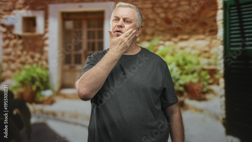 Fotografi Man touching cheek in front of a stone building, wearing a gray tshirt and inspecting his face; contemplation memory reflection