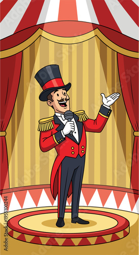 Circus ringmaster with red coat and top hat announcing show, cartoon vector style