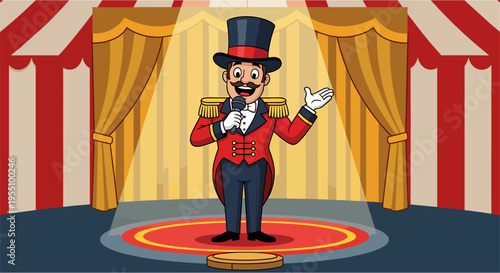 Circus ringmaster with red coat and top hat announcing show, cartoon vector style