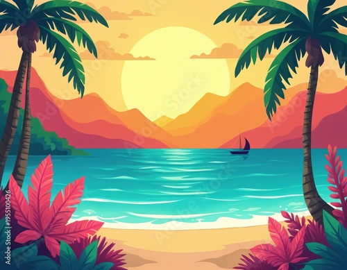 Vibrant tropical beach scene at sunset. Palm trees frame ocean water and sandy shore. Distant mountains painted in warm sunset colors. Sailboat floats peacefully.
