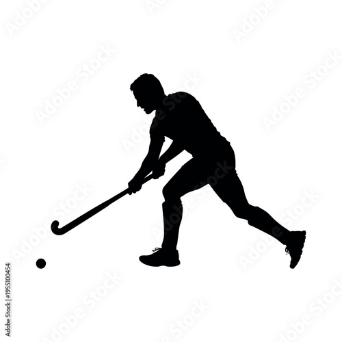 Dynamic silhouette illustration of a male field hockey player mid-strike,