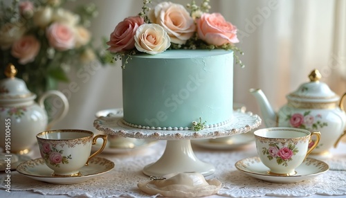 Elegant pastel cake with roses sits on a stand near vintage teacups and teapot. Soft floral decorations create a charming party scene for celebration or wedding.
