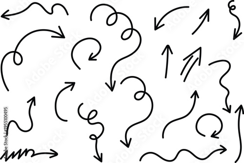 Hand-drawn Blue Arrow Set. Diverse Directional Elements Including Curved, Wavy, Spiral, Straight, And Zigzag Arrow . Perfect For Presentations, Infographics, Flowchart, Vector Design