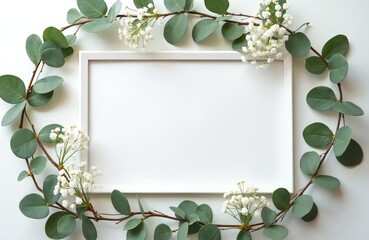 White frame with green eucalyptus branches and tiny white flowers. Natural border surrounds blank space for text or image. Perfect for invitations or greeting cards.
