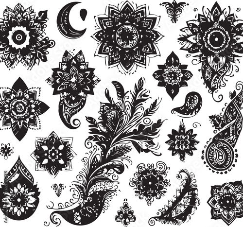 Black and White Mehndi Design Vector | Intricate Henna Art Illustration
