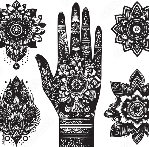 Black and White Mehndi Design Vector | Intricate Henna Art Illustration
