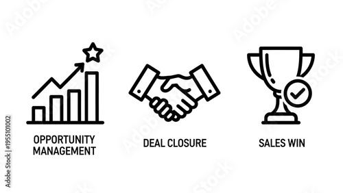 Business success icons: opportunity management, deal closure, sales win, strategy, growth, partnership, achievement, victory, financial goals, business plan, modern flat design