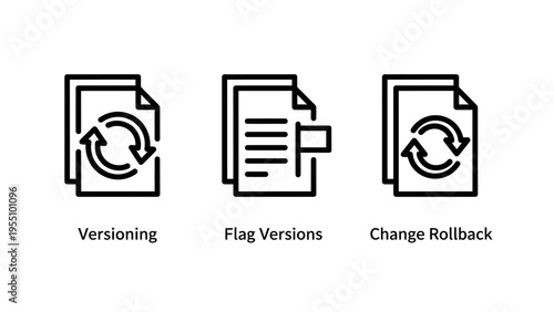 Icons representing software version control: rotating arrows on document, stacked documents with flag, and document with rollback arrows. symbols for versioning, change tracking, and data management