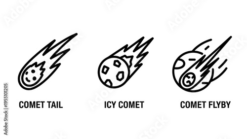 Icons depicting comets in space: a comet tail, an icy comet, and a comet flyby. simple outline graphics for science and astronomy