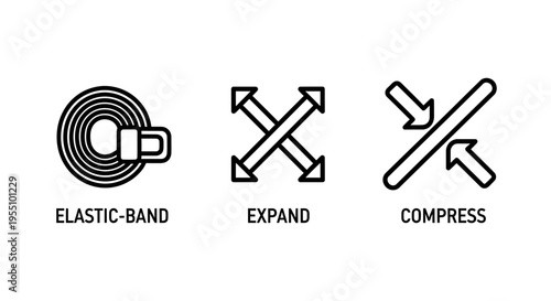 Icons representing elastic band, expand symbol, and compress symbol, on white background, simple line art