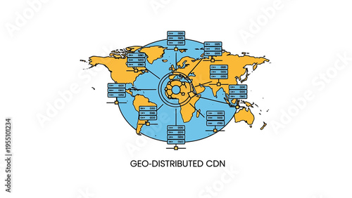 Illustration of a distributed content delivery network (cdn) with servers around a world map, connected by lines