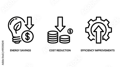Icons showing energy savings with a lightbulb and dollar sign, cost reduction with stacked coins, and efficiency improvement with gear and arrow